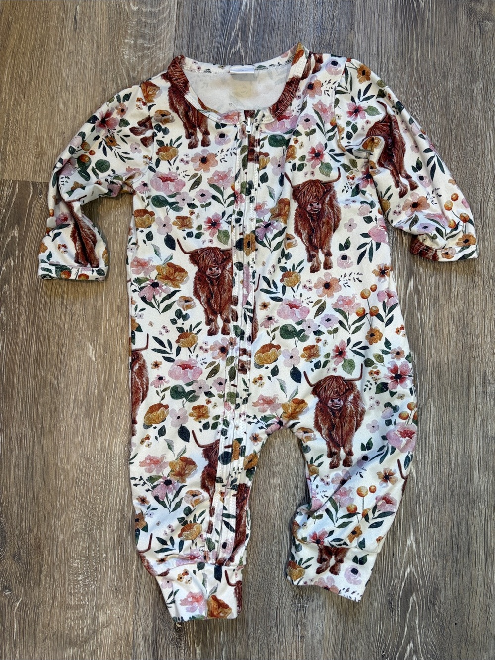 Cream Floral & Cow Print Zip-Up One-Piece Bodysuit